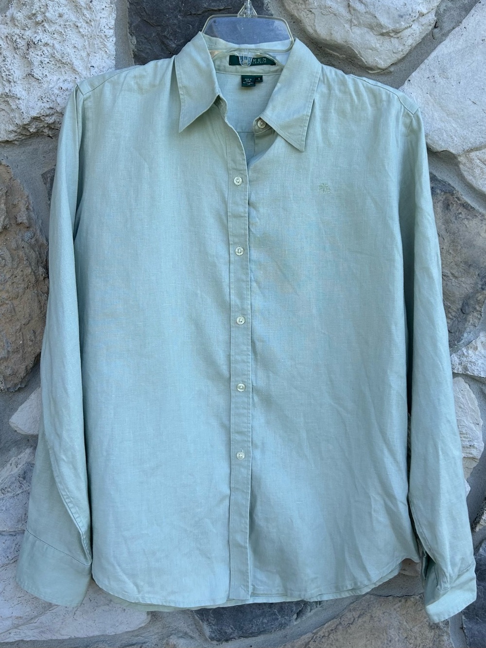 Lauren Ralph Lauren Button Up Shirt Size S Light Green 100% Linen Top Minimalist